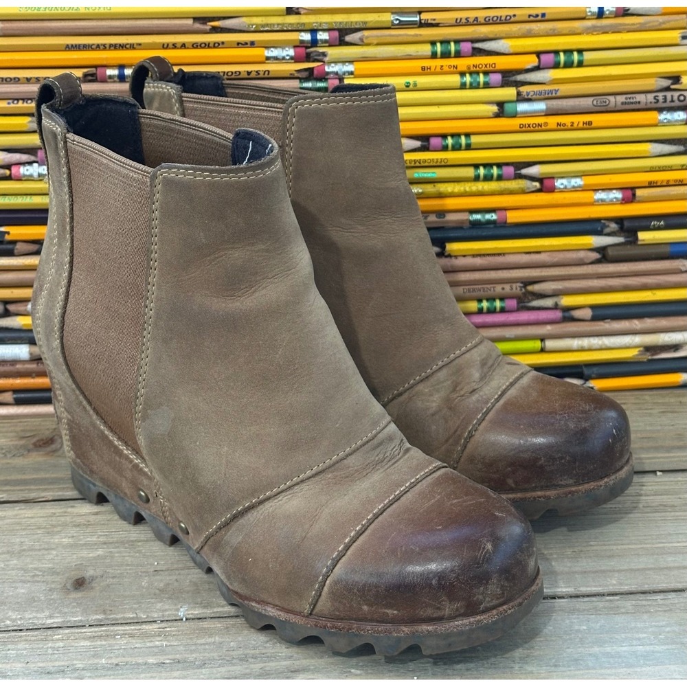 Sorel Lea Wedge Chelsea Boots Elk Leather Womens 7 Brown Good